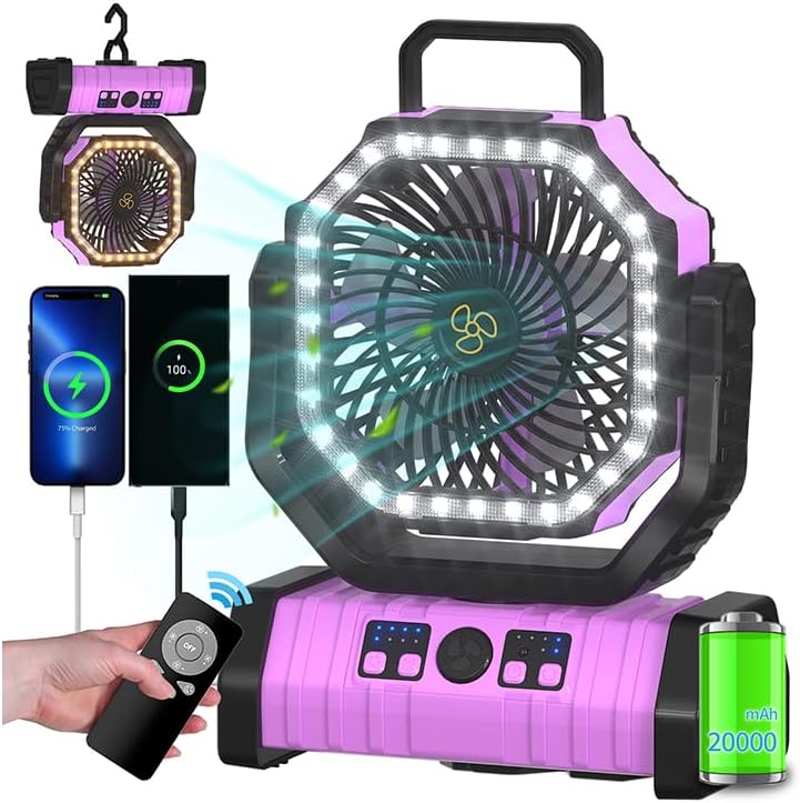 Adust Camping Battery Operated Powered Fan with LED Lantern Light Portable 20000mAh Rechargeable Oscillating Fan with 360° Rotation Hanging Hook for Tents, Cordless USB Desk Fan(Pink) - Image 1